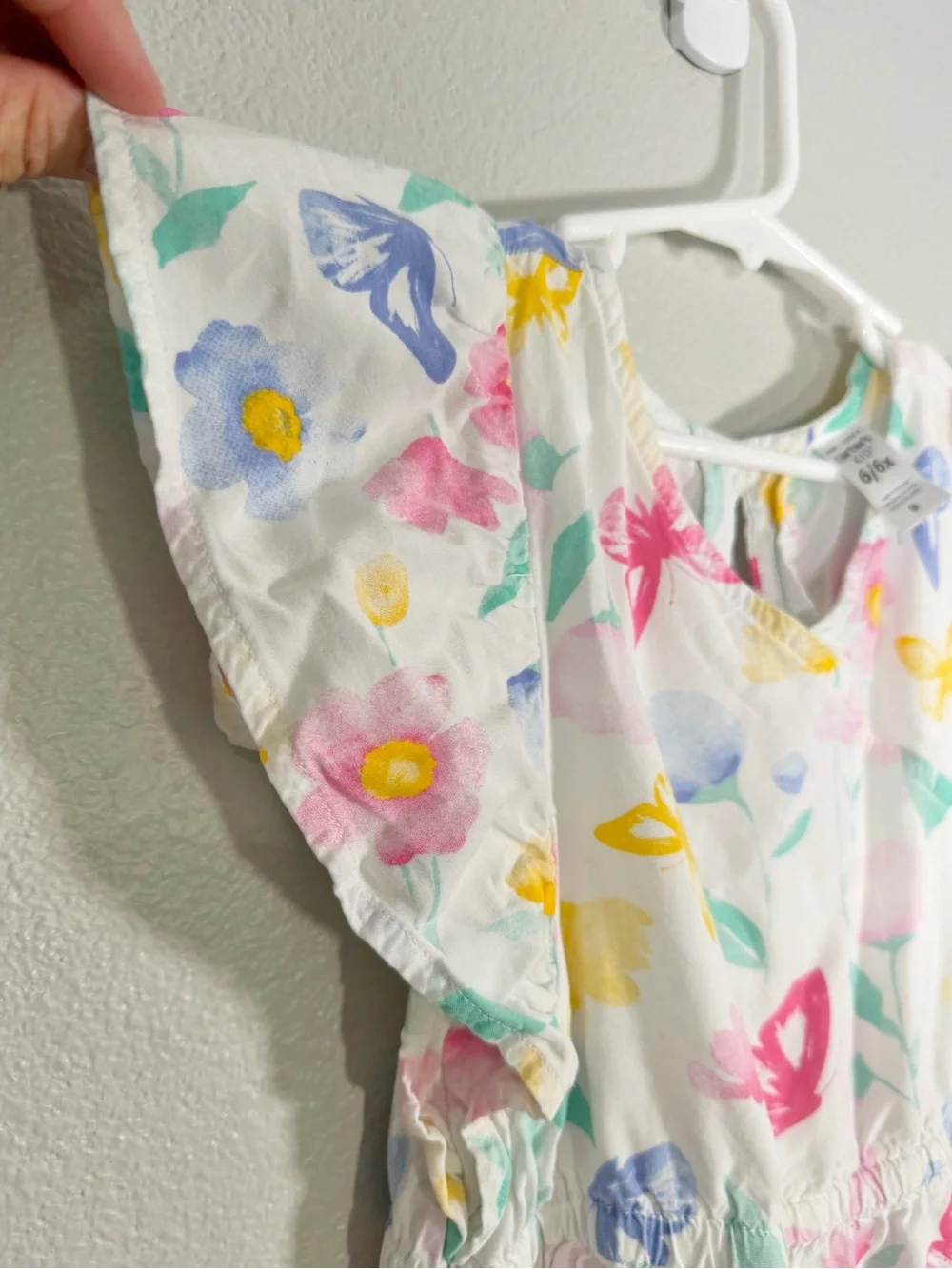 Carter's Dress White Floral Butterfly Ruffle Wrap Pink Blue Summer Girls Kid 6